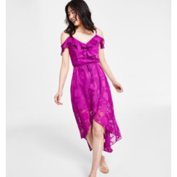 BCX Dresses & Skirts - BCX Off-The-Shoulder Ruffled Asymmetrical-Hem Jacquard Dress Women's XS Pink NWT